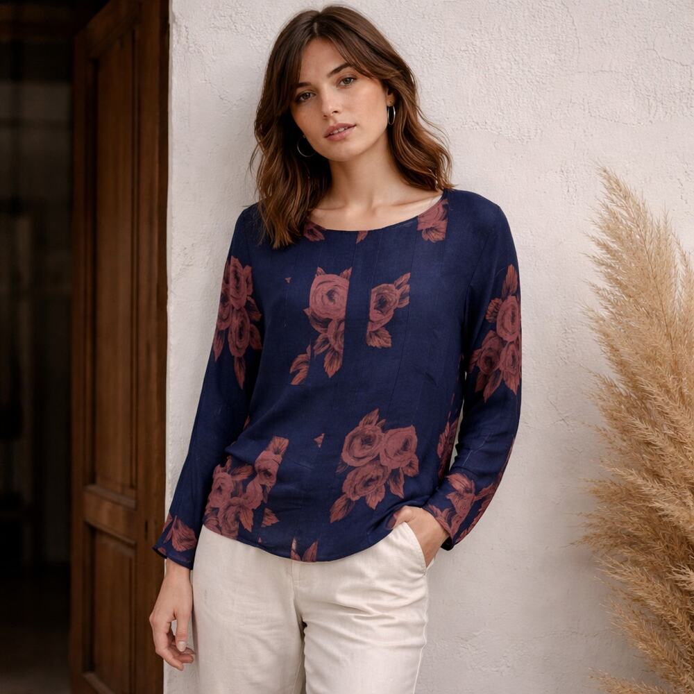 NO. 6 Store Silk Navy Red floral Bloues long sleeve size 3 made in US